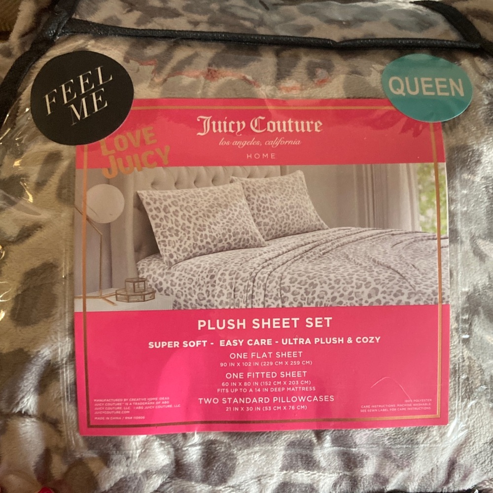 Juicy Couture Plush Sheet Set - Gray and White Leopard